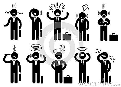 Businessman stress pressure, business mental issues, concept vector icons with pictogram people characters Vector Illustration
