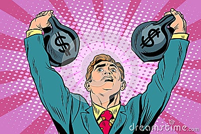 Businessman strongman lifts weights money Vector Illustration