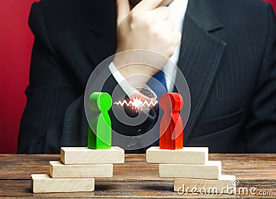 A businessman is studying confrontation of opponents, rivalry parties. Truce agreement. Resolution disputes, compromise. Stock Photo