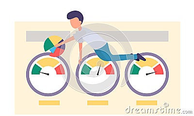 Businessman submits a progress report. Character creeps along the diagram pointing on color segment Stock Photo