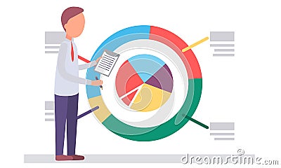 Businessman submits a progress report. Character standing at big diagram pointing on color segment Stock Photo