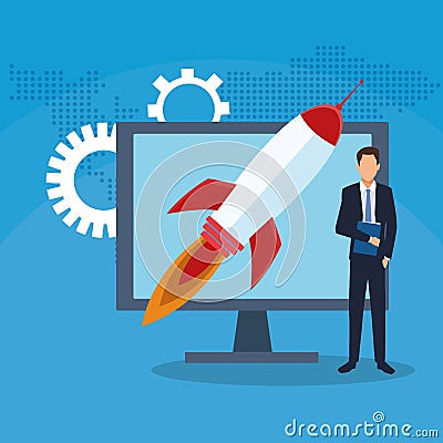 Businessman success start up business computer gears Vector Illustration