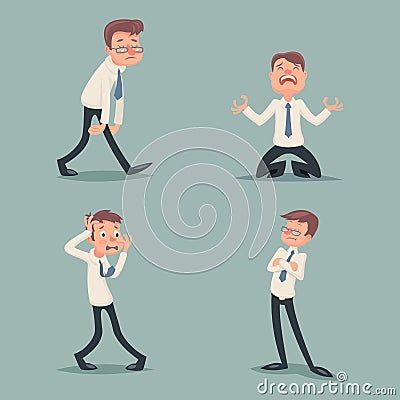 Businessman Suffer Emotion Fear Horror Depression Sadness Anger Arrogant Contempt Melancholy Stress Character Icons Set Vector Illustration