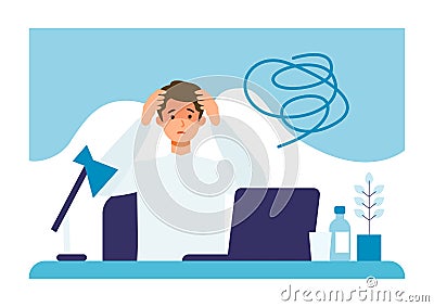 Businessman suffering from his depression at home office Vector Illustration