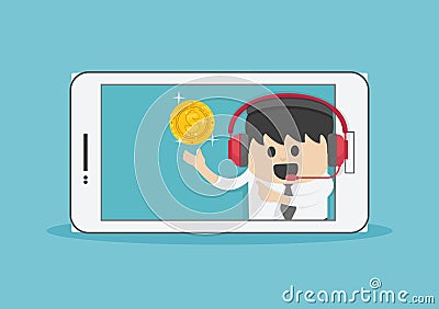 Businessman suggestion money via smartphone , Internet banking Vector Illustration