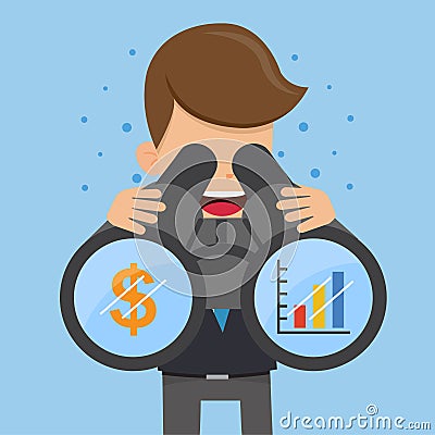 Businessman in Suit and Binoculars Looking at the Graphs and Dollar Symbol. Concept business vector illustration Flat Style. Vector Illustration