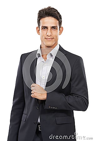 Businessman, suit and company for portrait, confident and professional on white studio background. Man, young and ready Stock Photo