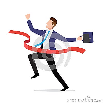 Businessman in suit crossing red finish line, ribbon Vector Illustration