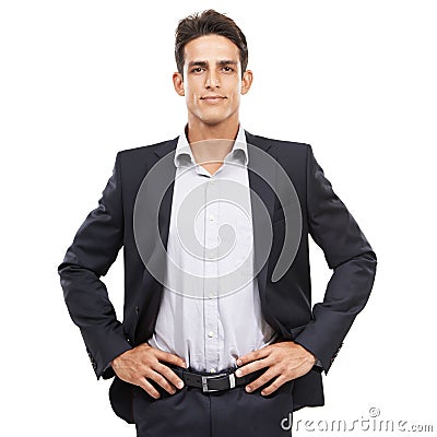 Businessman, suit and employee for portrait, confident and professional on white studio background. Man, young and ready Stock Photo