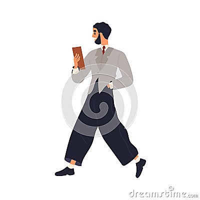 Businessman in suit, going with business document in hand. Office worker, employee walking, holding report. Happy man Vector Illustration