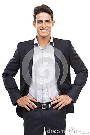 Businessman, suit and happy for portrait, confident and professional on white studio background. Man, young and ready Stock Photo