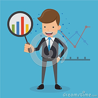 Businessman in Suit looking Graphs with Magnifying Glass. Business and Finance Concept, Vector Illustration Flat Style. Vector Illustration
