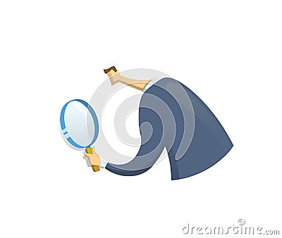 Businessman in suit looking through a magnifying glass, back view. Recruiting, researches. Vector flat design Vector Illustration