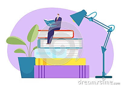 Businessman in suit sitting book stack, tiny male read textbook obtain knowledge table lamp flat vector illustration Vector Illustration