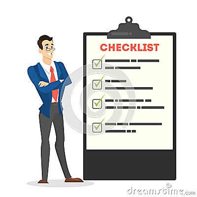 Businessman in suit standing at the big clipboard Vector Illustration