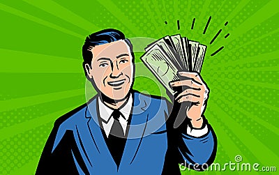 Businessman in suit stands with dollar cash showing money. Happy employee receiving salary Vector Illustration