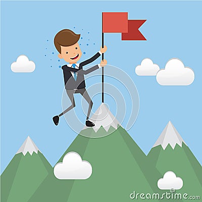 Businessman in Suit Successful Standing with Red Flag on Mountain Peak. Concept business vector illustration Flat Style. Vector Illustration