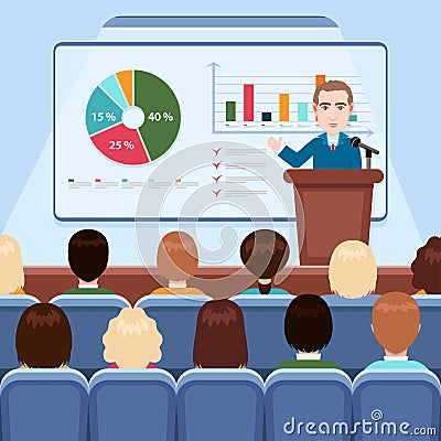 Businessman in suit and tie making presentation explaining charts on board for audience in the conference hall, business seminar, Vector Illustration