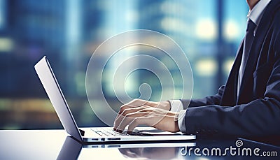 a businessman in a suit typing on a laptop, corporate sunset cityscape views in the background Stock Photo