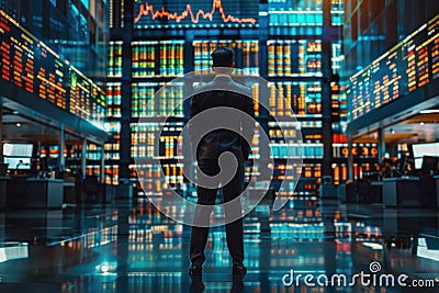 Businessman in suit view stock market graph growthing up on digital wall. Generative AI Stock Photo