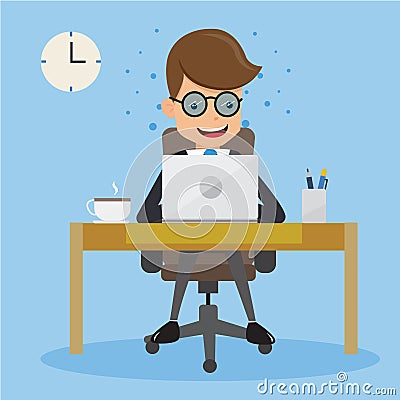 Businessman in Suit Working with Computer on Table in The Office. Concept business vector illustration Flat Style. Vector Illustration