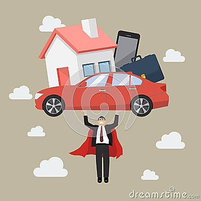 Businessman superhero carrying debt burden Vector Illustration