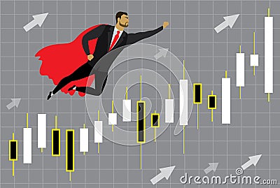 businessman superhero and chart with japan candlesticks to succe Vector Illustration