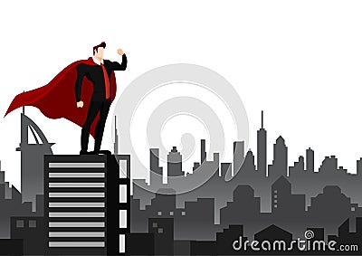 Businessman superhero standing over city background. Stock Photo