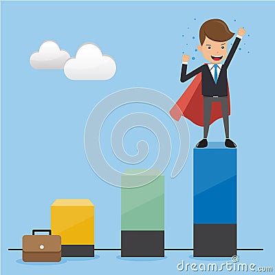 Businessman Superhero in Suit on Top Height Graph. Concept business vector illustration Flat Style. Vector Illustration