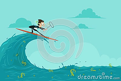 Businessman surfing and catching Dollar Vector Illustration