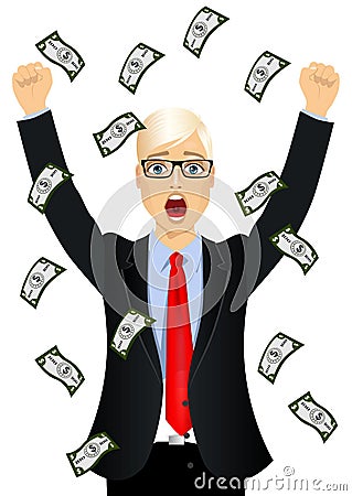 Businessman surprised seeing raining money bills Vector Illustration