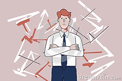 A businessman surrounded by arrows facing different directions, looking confused and unsure about which way to choose, Vector Illustration