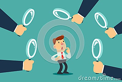 businessman surrounded by big hands with magnifying glass Vector Illustration