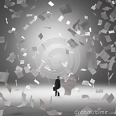 Businessman surrounded by flying papers Stock Photo