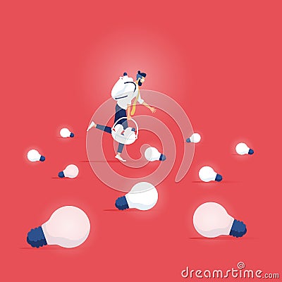 Businessman surrounded picking up lightbulbs and putting them in a basket-Finding idea concept Vector Illustration