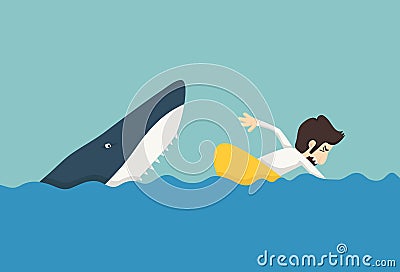 Businessman swimming to escape sharks Vector Illustration