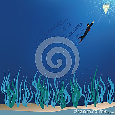 A businessman swimming towards the diamond.. Vector illustration decorative background design Cartoon Illustration