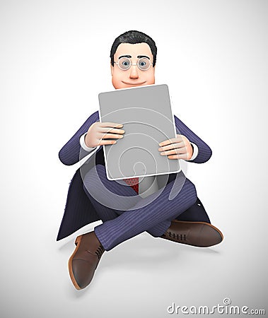 Businessman with tablet computer or touchpad for portable data work - 3d illustration Cartoon Illustration