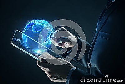 Businessman with tablet pc and earth hologram Stock Photo