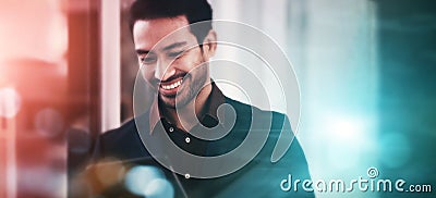 Businessman, tablet and smile at night for communication, research or browsing at the office on mockup. Happy male Stock Photo