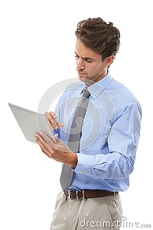 Businessman, tablet and thinking in research, schedule or communication against a white studio background. Man or Stock Photo