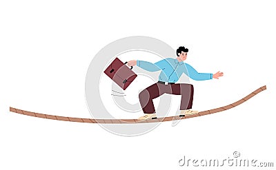 Businessman taking risk balancing on tightrope flat vector illustration isolated. Vector Illustration