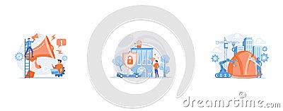 Businessman talk in megaphone with exclamation point, Safety measures, unauthorized access prevention, Robot with wrench and Vector Illustration