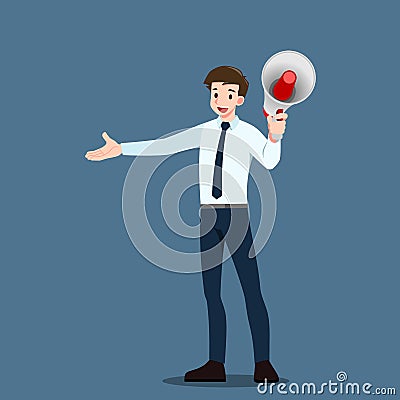 Businessman talking through a megaphone, making an announcement yelling to spread the words for attract people Vector Illustration
