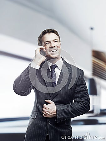 Businessman talking on mobile standing in office Stock Photo