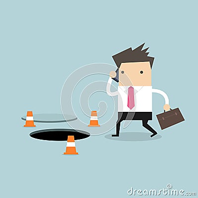 Businessman is talking on the phone without being careful of the hole on the ground. Vector Illustration