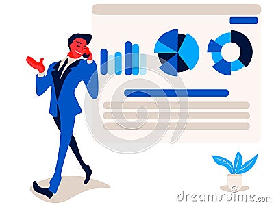 Businessman is talking on phone near to report infographics on the office chart board graph and diagram. Vector Illustration