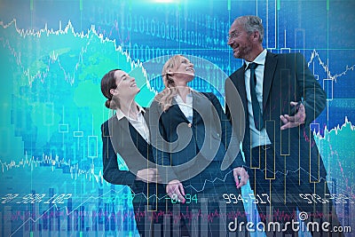 Composite image of businessman talking to female colleagues against white background Stock Photo