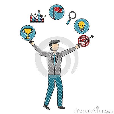 Businessman with target trophy bulb diagram success Vector Illustration