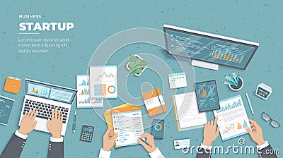 Businessman team discuss project startup, investment, financial planning, agreement, analysis data, realization, success. Vector Illustration